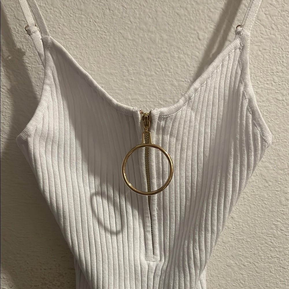 White Ribbed Top with Gold Zipper